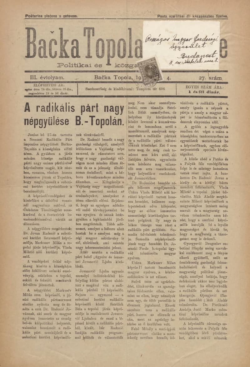 Bačka Topola és Vidéke, 3. évf. 1926. július 4. 27. sz.