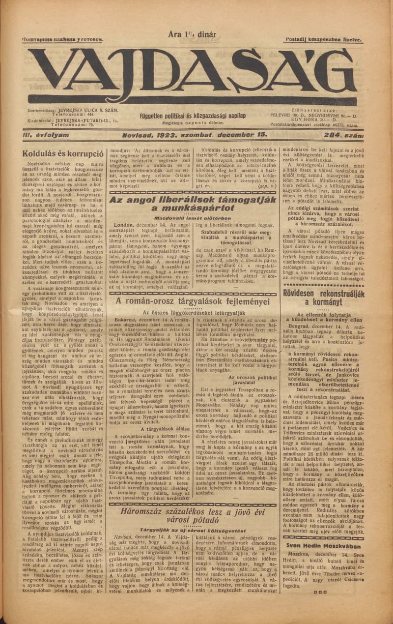 Vajdaság, 3. évf. 1923. december 15. 284. sz.