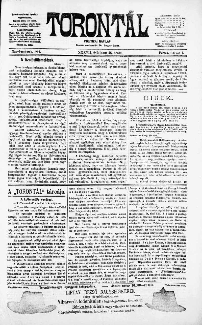 Torontál, 37. évf. 1908. február 1. 26. sz.
