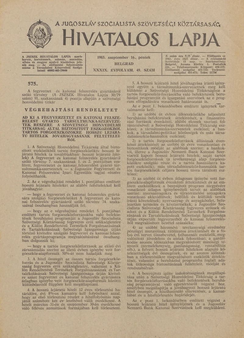 A Jugoszláv Szocialista Szövetségi Köztársaság Hivatalos Lapja, 39. évf. 1983. szeptember 16. 49. sz. 1373–1384. oldal