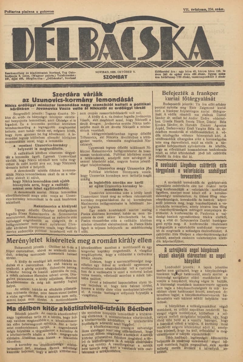 Délbácska, 7. évf. 1926. október 9. 234. sz.