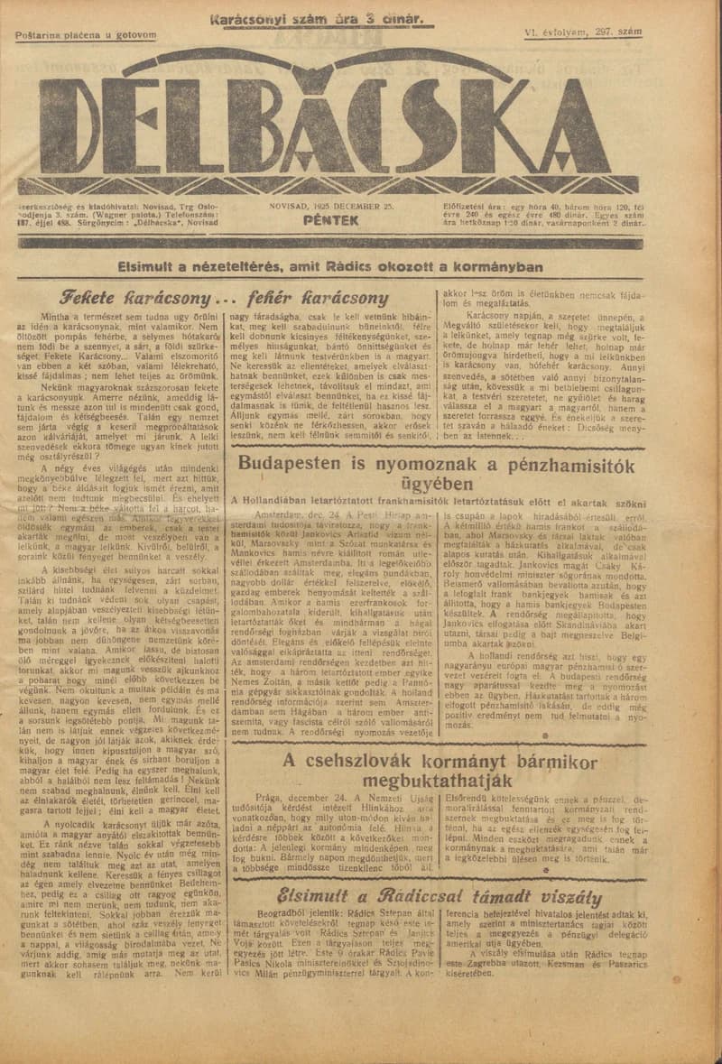 Délbácska, 6. évf. 1925. december 25. 297. sz.