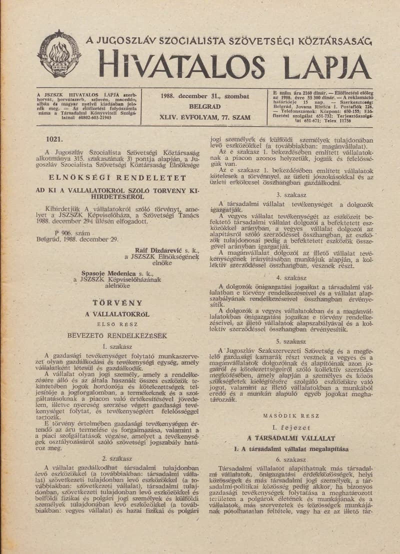 A Jugoszláv Szocialista Szövetségi Köztársaság Hivatalos Lapja, 44. évf. 1988. december 31. 77. sz. 1941–1976. oldal