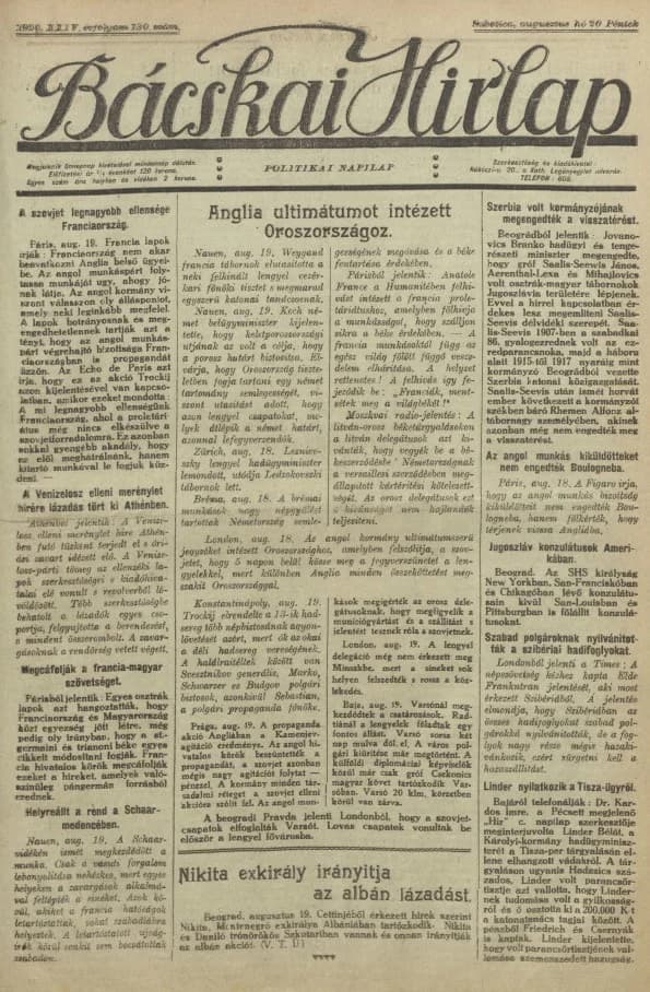 Bácskai Hirlap, 24. évf. 1920. augusztus 20. 130. sz.