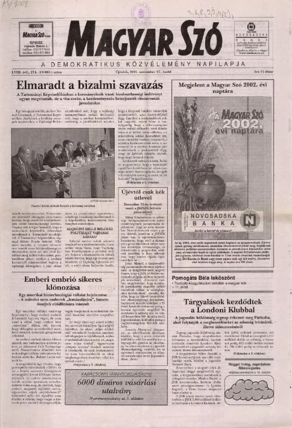 Magyar Szó, 58. évf. 2001. november 27. 274. sz. 1–16. oldal