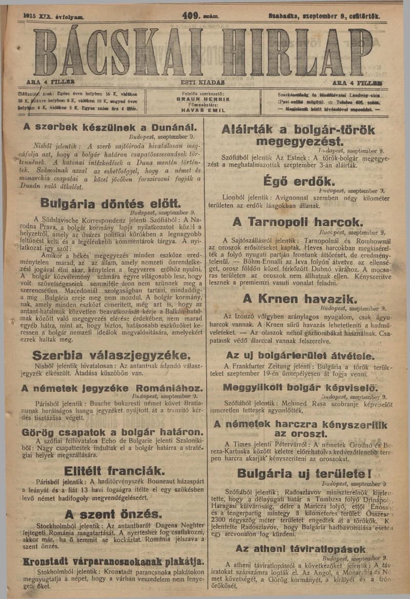 Bácskai Hirlap, 19. évf. 1915. szeptember 9. 409. sz.