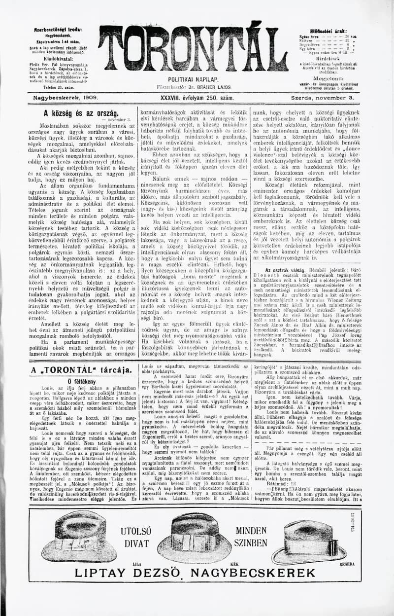 Torontál, 38. évf. 1909. november 3. 250. sz.