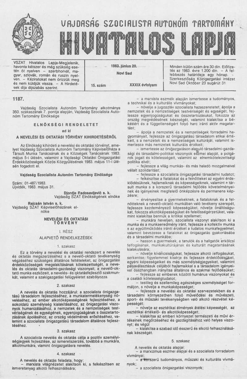 Vajdaság Szocialista Autonóm Tartomány Hivatalos Lapja, 39. évf. 1983. június 20. 15. sz.