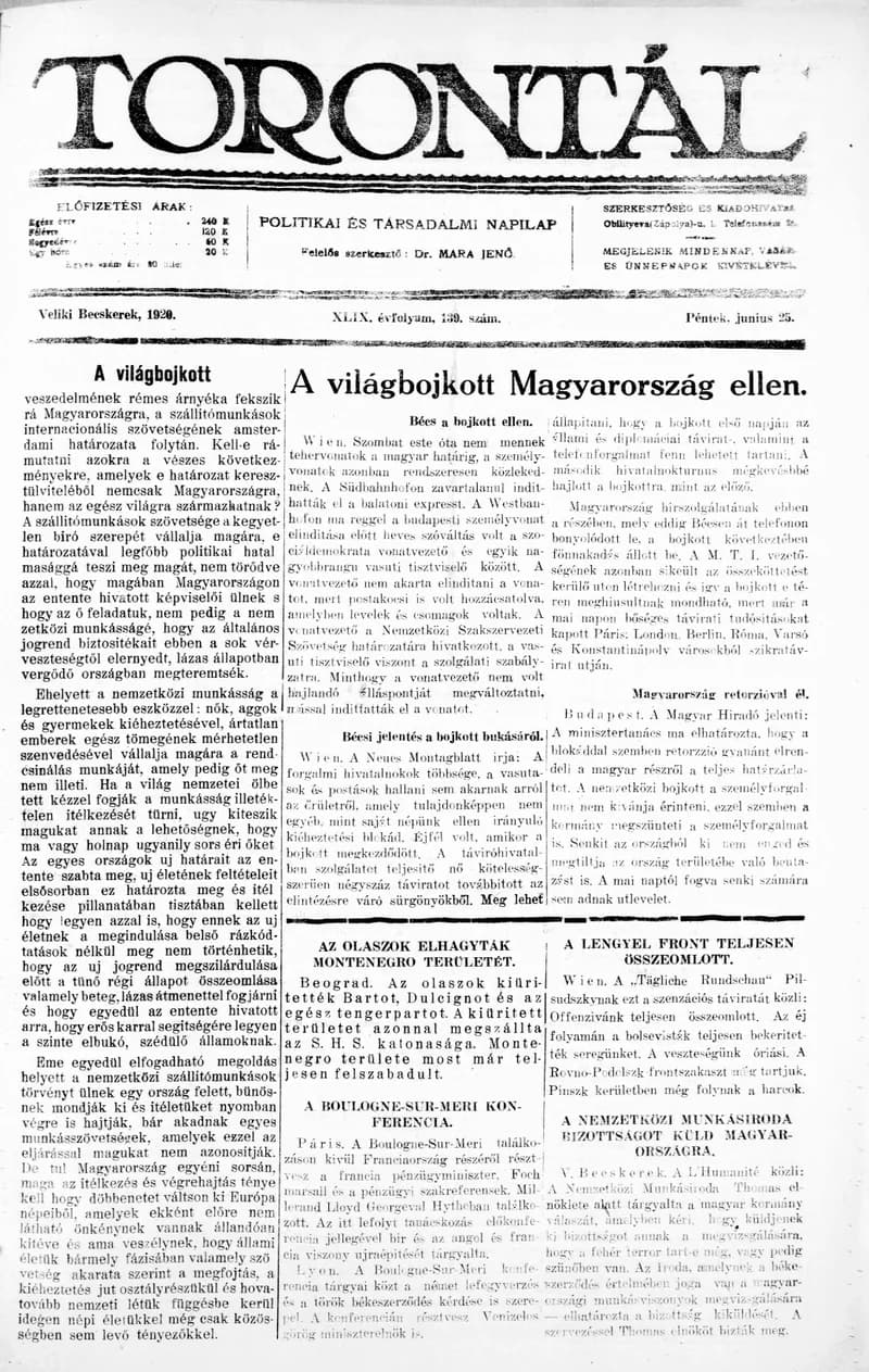 Torontál, 49. évf. 1920. június 25. 139. sz.
