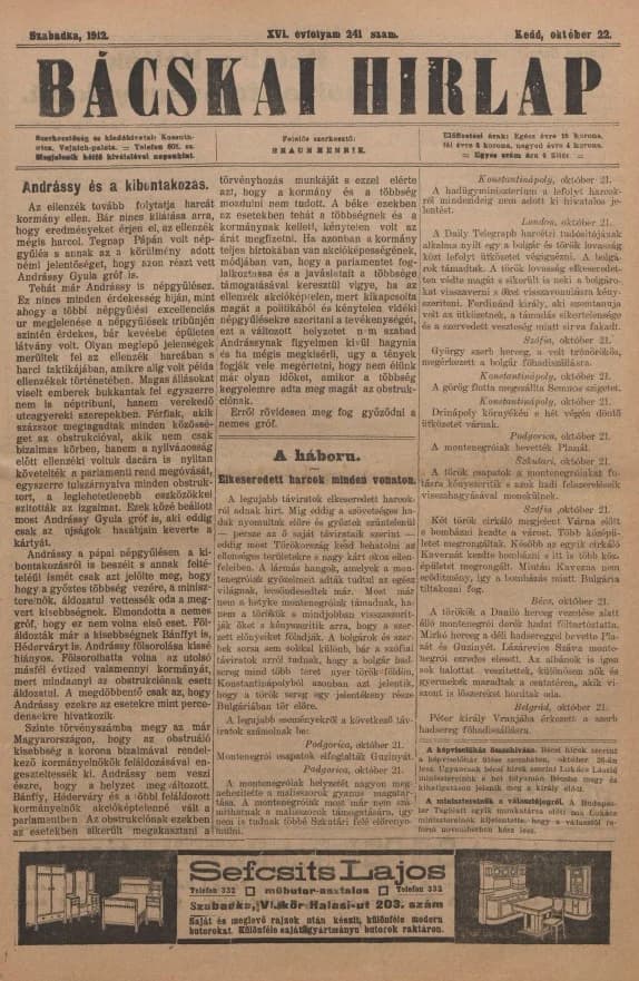 Bácskai Hirlap, 16. évf. 1912. október 22. 241. sz.