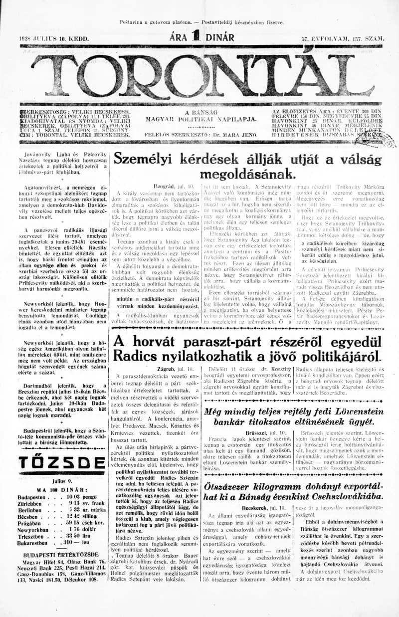 Torontál, 57. évf. 1928. július 10. 157. sz.