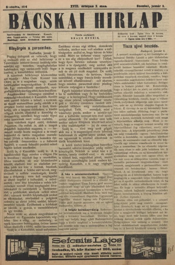 Bácskai Hirlap, 18. évf. 1914. január 3. 2. sz.