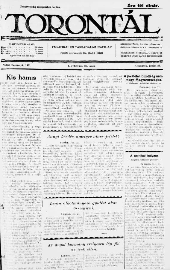 Torontál, 50. évf. 1921. június 23. 135. sz.