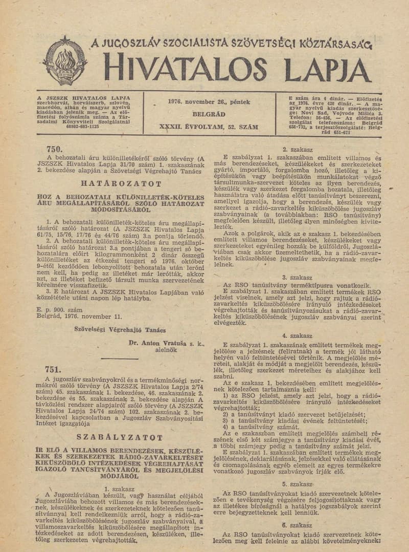 A Jugoszláv Szocialista Szövetségi Köztársaság Hivatalos Lapja, 32. évf. 1976. november 26. 52. sz. 1541–1556. oldal