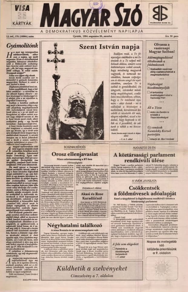 Magyar Szó, 51. évf. 1994. augusztus 20. 175. sz. 1–16. oldal