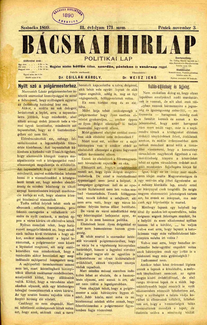 Bácskai Hirlap, 3. évf. 1899. november 3. 171. sz.
