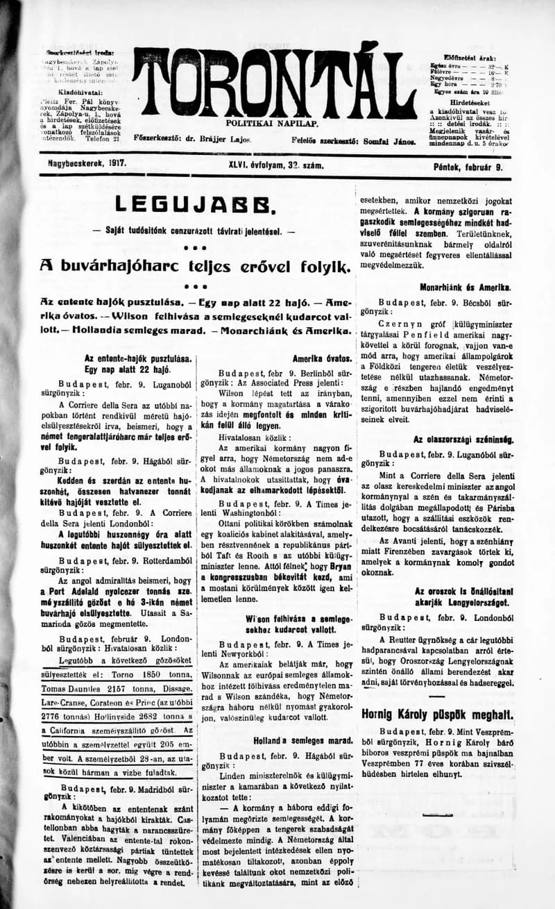 Torontál, 46. évf. 1917. február 9. 32. sz.