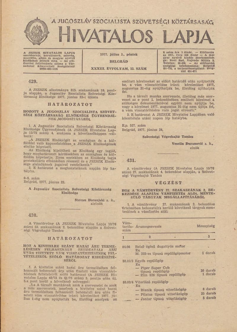 A Jugoszláv Szocialista Szövetségi Köztársaság Hivatalos Lapja, 33. évf. 1977. július 1. 33. sz. 1361–1372. oldal