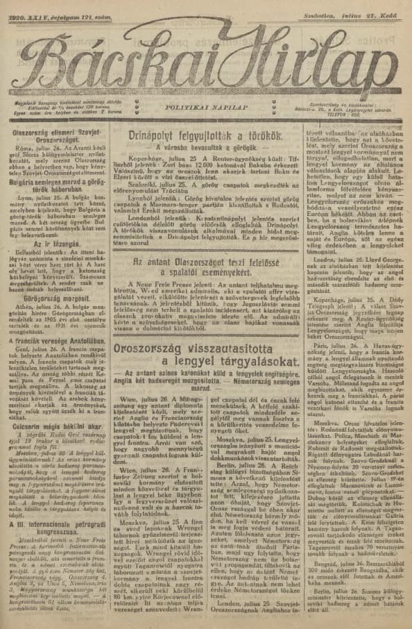 Bácskai Hirlap, 24. évf. 1920. július 27. 121. sz.