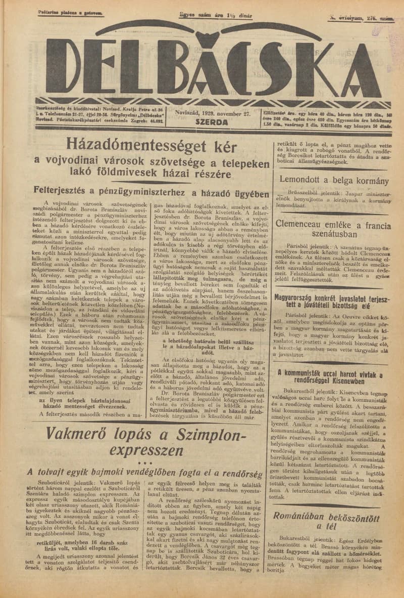 Délbácska, 10. évf. 1929. november 27. 276. sz.