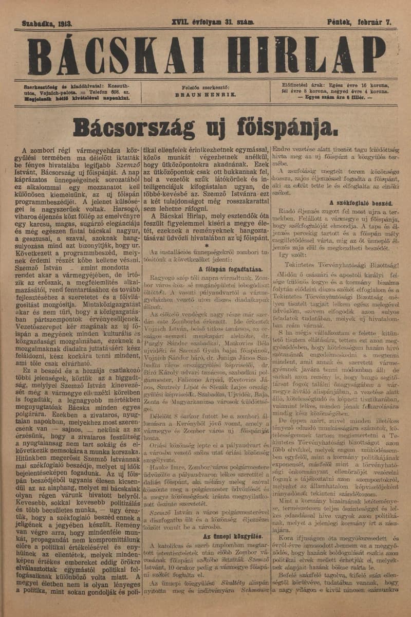 Bácskai Hirlap, 17. évf. 1913. február 7. 31. sz.