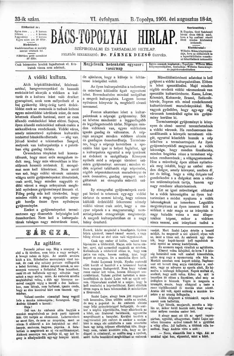 Bács-Topolyai Hirlap, 6. évf. 1901. augusztus 18. 33. sz.