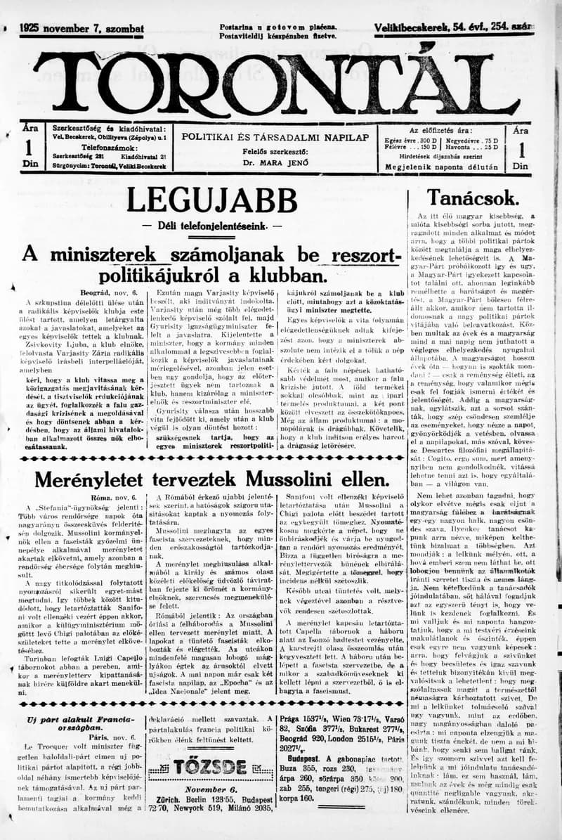 Torontál, 54. évf. 1925. november 7. 254. sz.