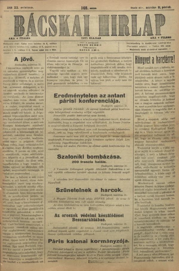 Bácskai Hirlap, 20. évf. 1916. március 31. 148. sz.