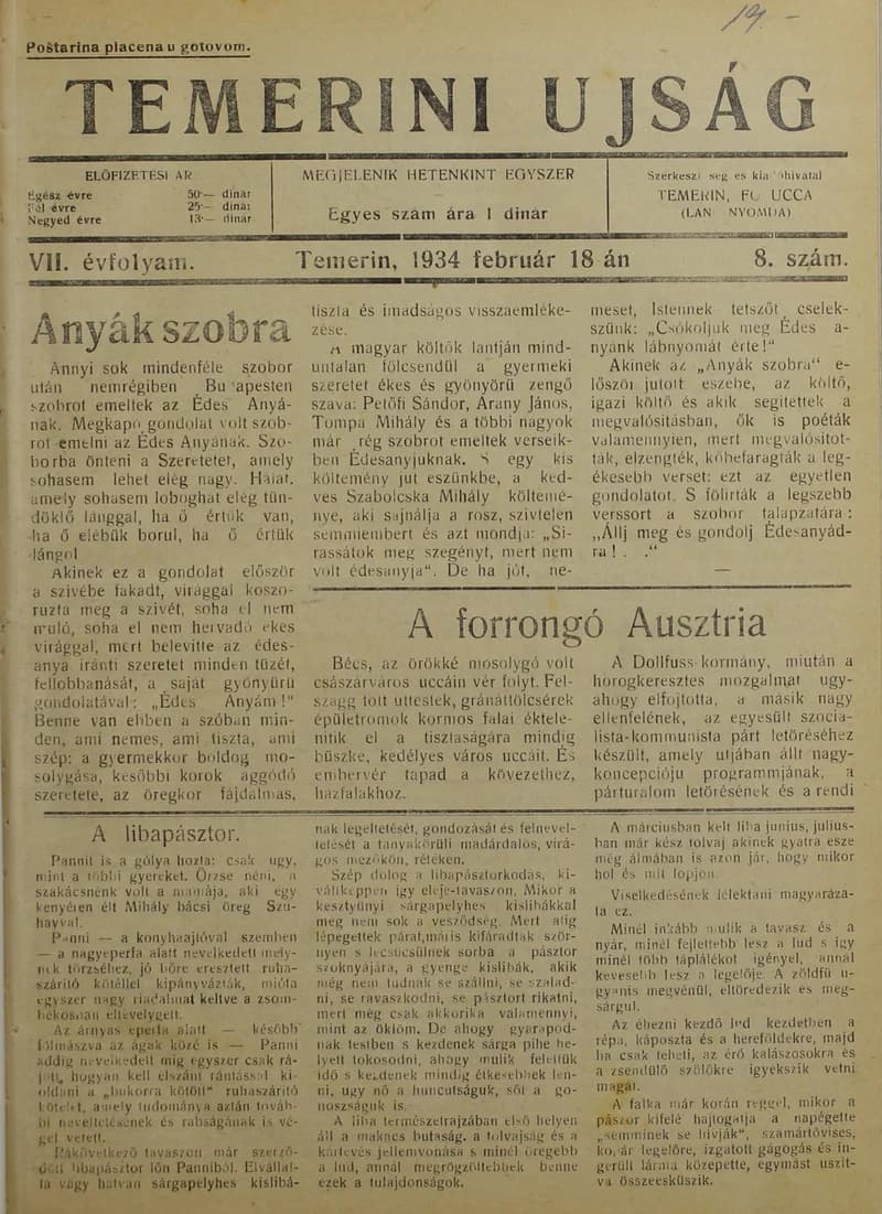 Temerini Újság 1928-1944, 7. évf. 1934. február 18. 8. sz.