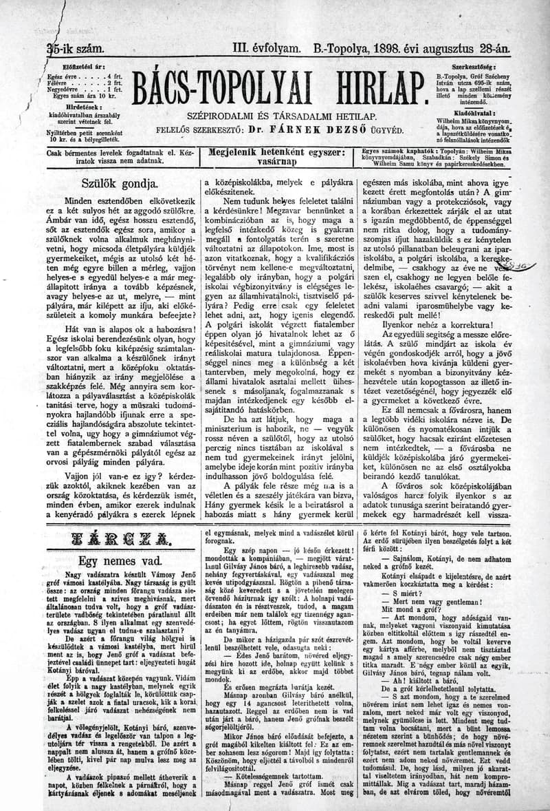 Bács-Topolyai Hirlap, 3. évf. 1898. augusztus 28. 35. sz.