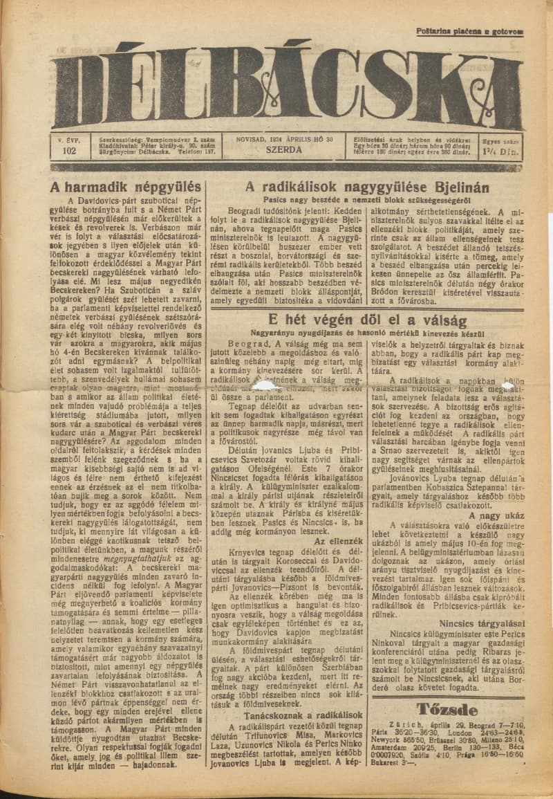 Délbácska, 5. évf. 1924. április 30. 102. sz.