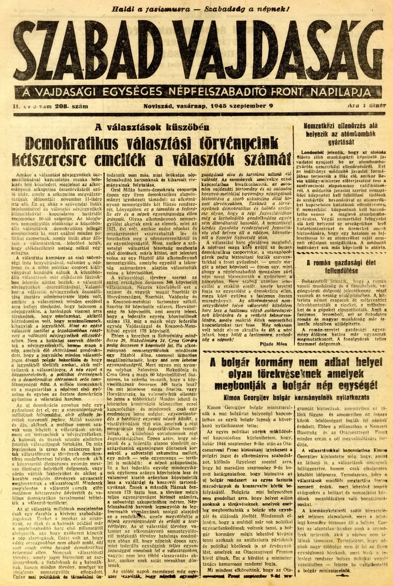 Szabad Vajdaság, 2. évf. 1945. szeptember 9. 208. sz.