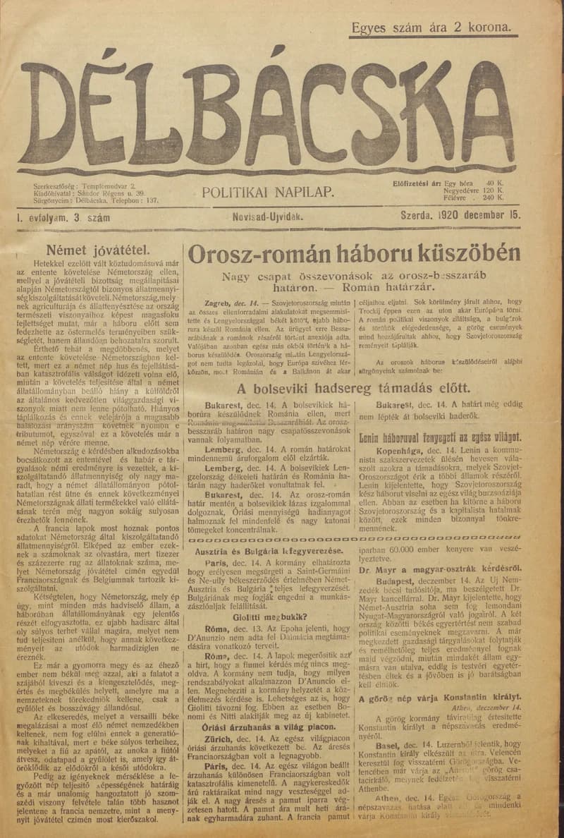Délbácska, 1. évf. 1920. december 15. 3. sz.