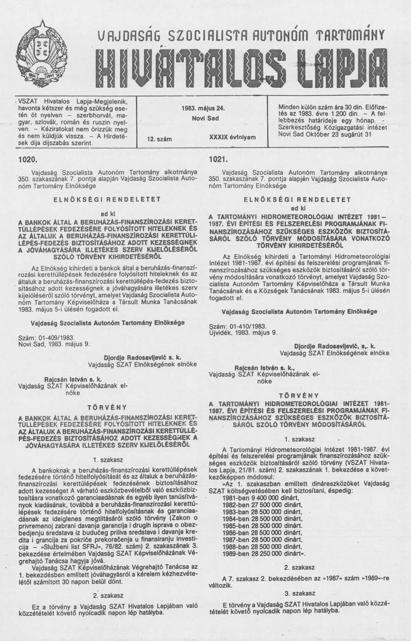 Vajdaság Szocialista Autonóm Tartomány Hivatalos Lapja, 39. évf. 1983. május 24. 12. sz.