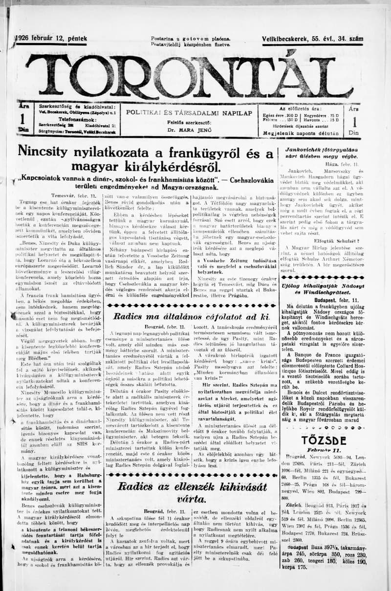 Torontál, 55. évf. 1926. február 12. 34. sz.