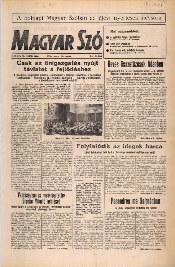 Magyar Szó, 43. évf. 1986. január 15. 13. sz. 1–16. oldal