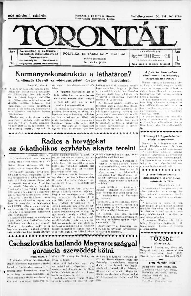 Torontál, 55. évf. 1926. március 4. 52. sz.