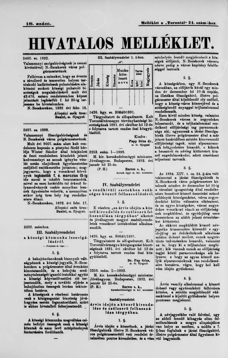A Totontál  hivatalos melléklete, 5. évf. 1892. február 23. 18. sz.