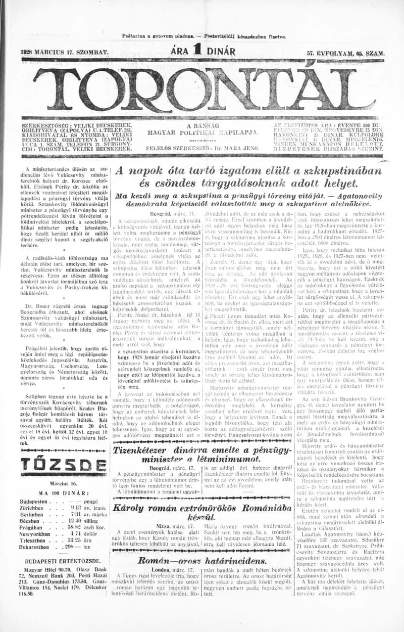 Torontál, 57. évf. 1928. március 17. 65. sz.