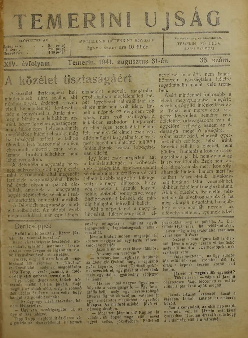 Temerini Újság 1928-1944, 14. évf. 1941. augusztus 31. 36. sz.