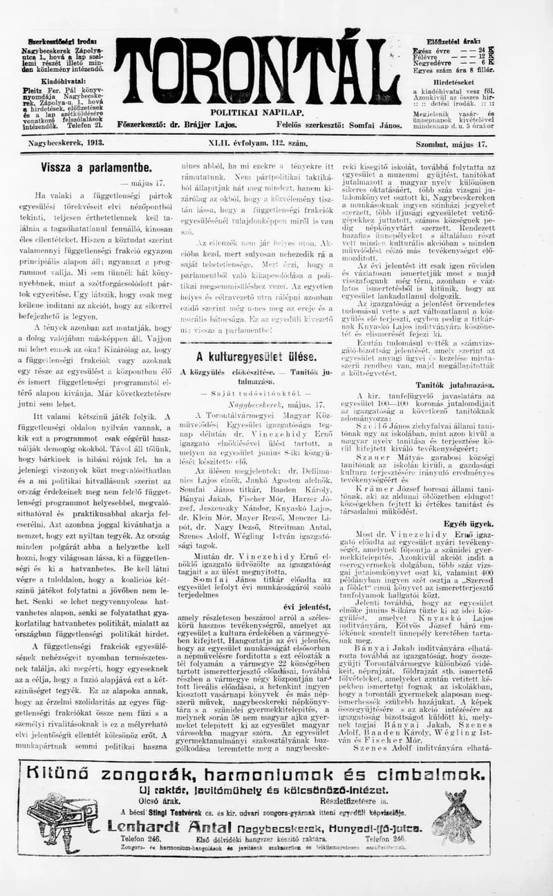 Torontál, 42. évf. 1913. május 17. 112. sz.