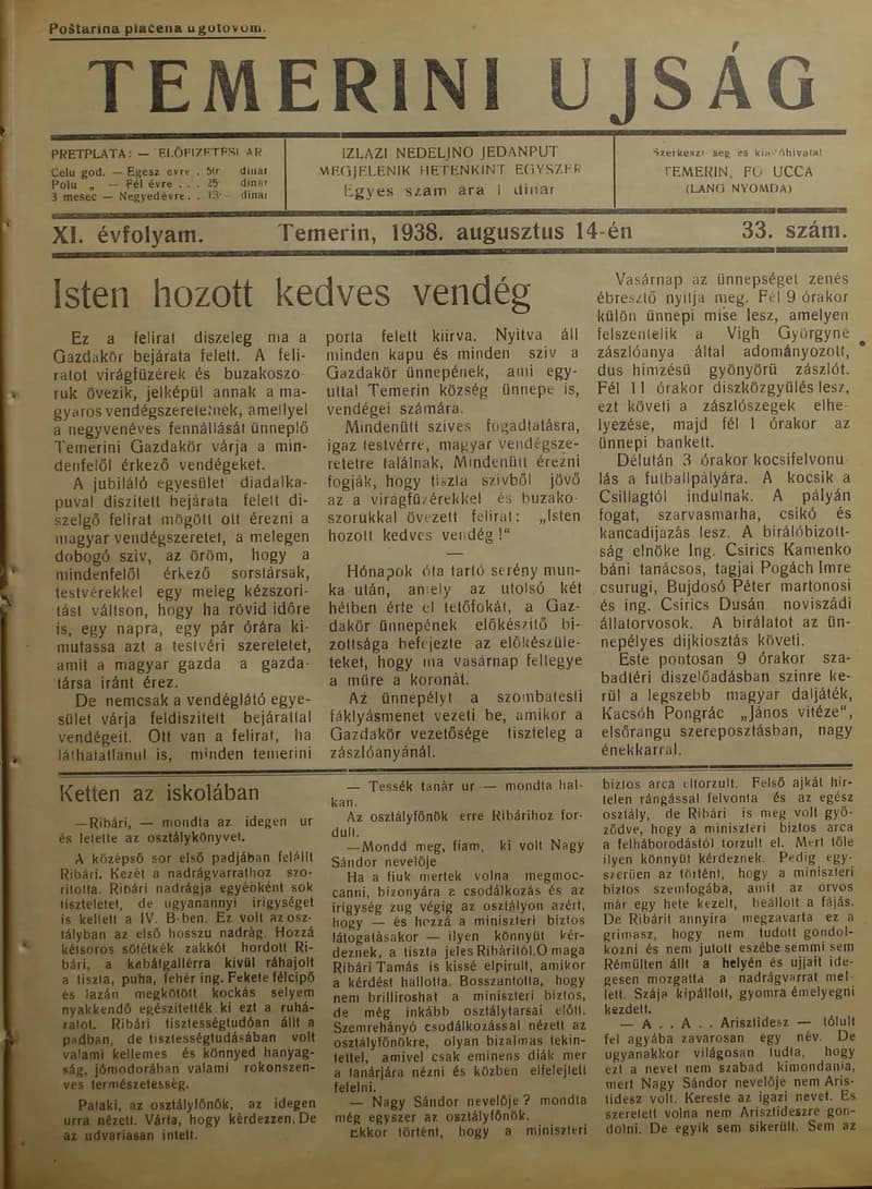 Temerini Újság 1928-1944, 11. évf. 1938. augusztus 14. 33. sz.