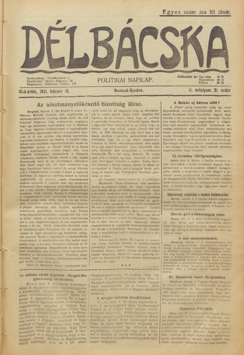 Délbácska, 2. évf. 1921. február 10. 31. sz.