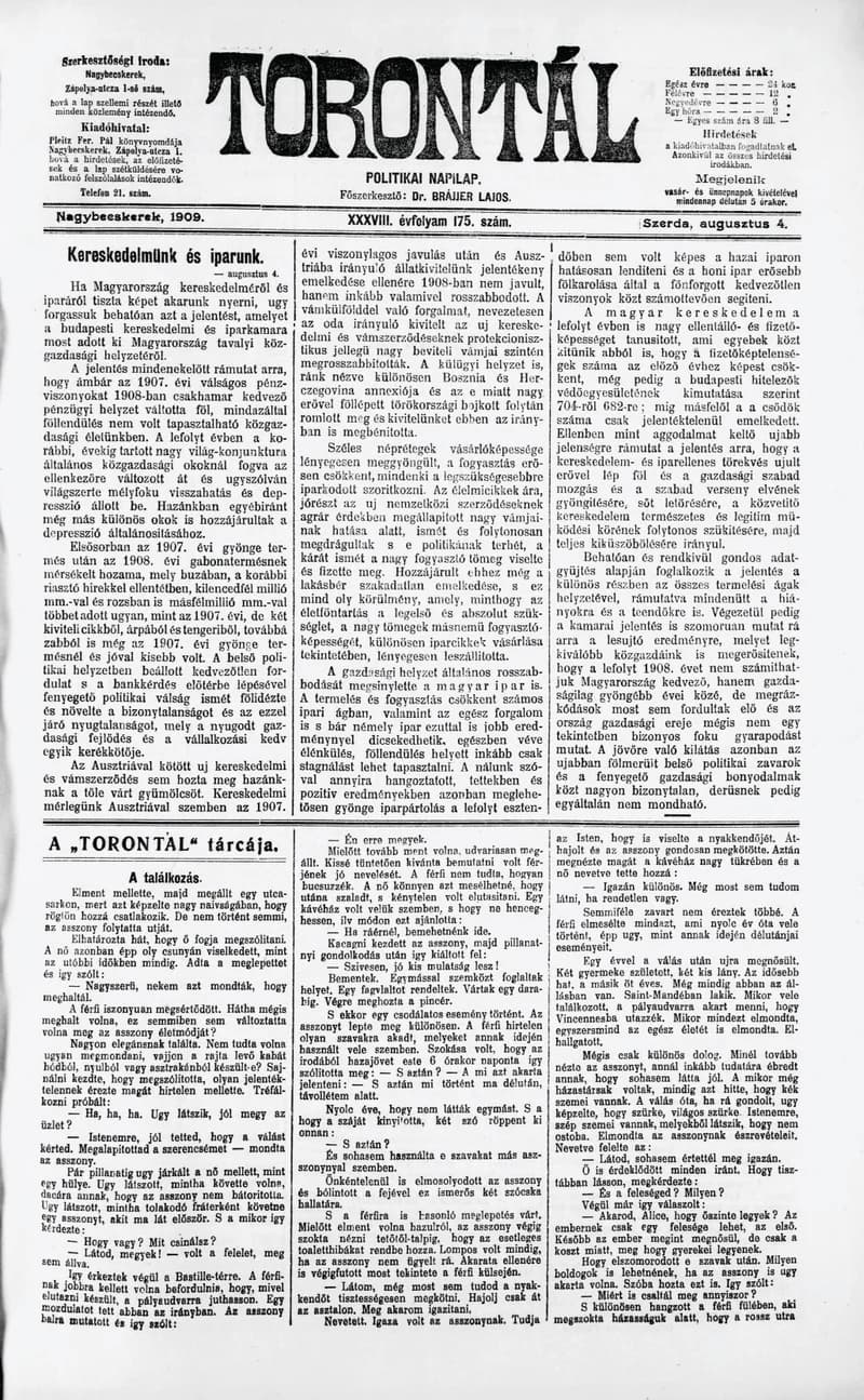 Torontál, 38. évf. 1909. augusztus 4. 175. sz.