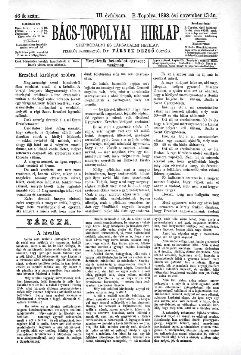 Bács-Topolyai Hirlap, 3. évf. 1898. november 13. 46. sz.