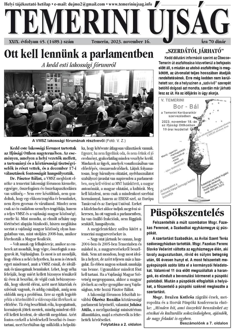 Temerini Újság, 29. évf. 2023. november 16. 45. sz.