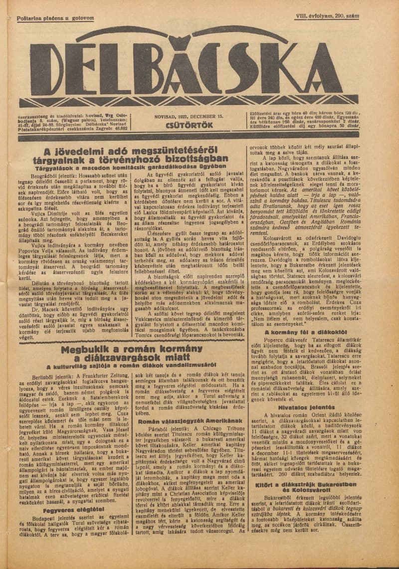 Délbácska, 8. évf. 1927. december 15. 290. sz.