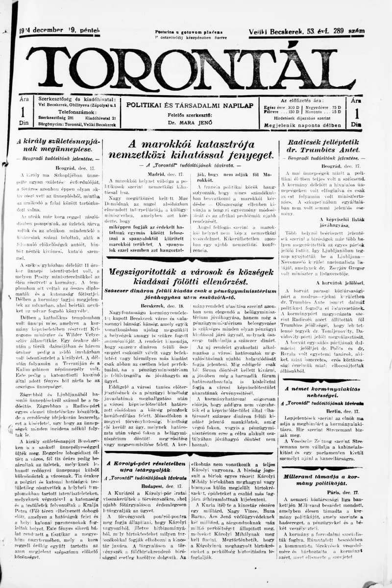 Torontál, 53. évf. 1924. december 19. 289. sz.