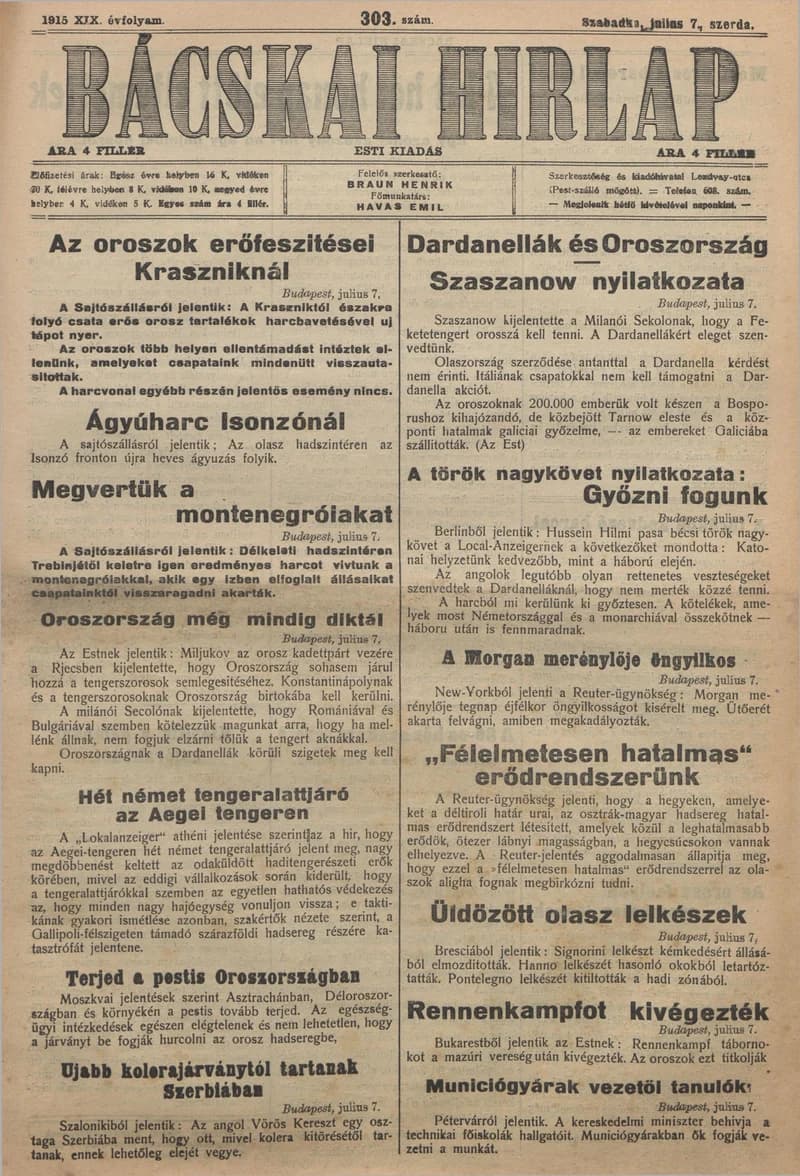 Bácskai Hirlap, 19. évf. 1915. július 7. 303. sz.