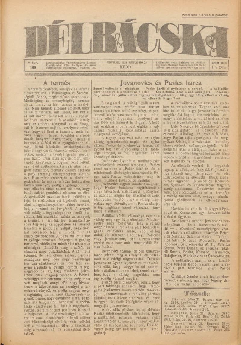 Délbácska, 5. évf. 1924. július 22. 168. sz.